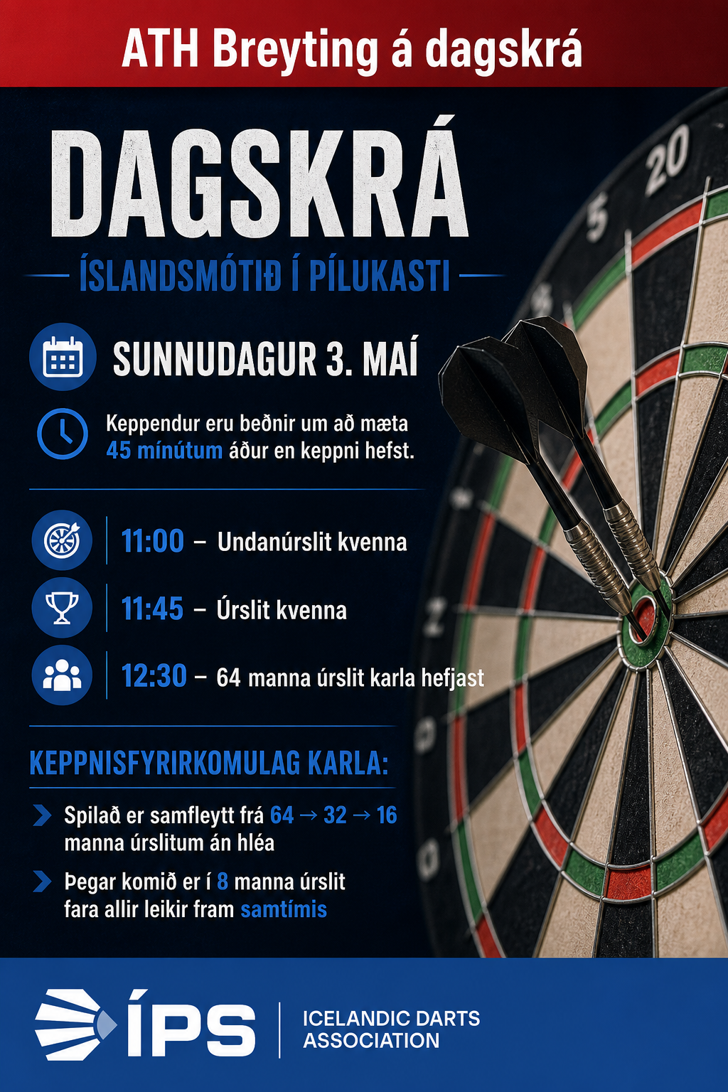 ATH – Smá breyting á dagskrá – Íslandsmótið í pílukasti 🎯
